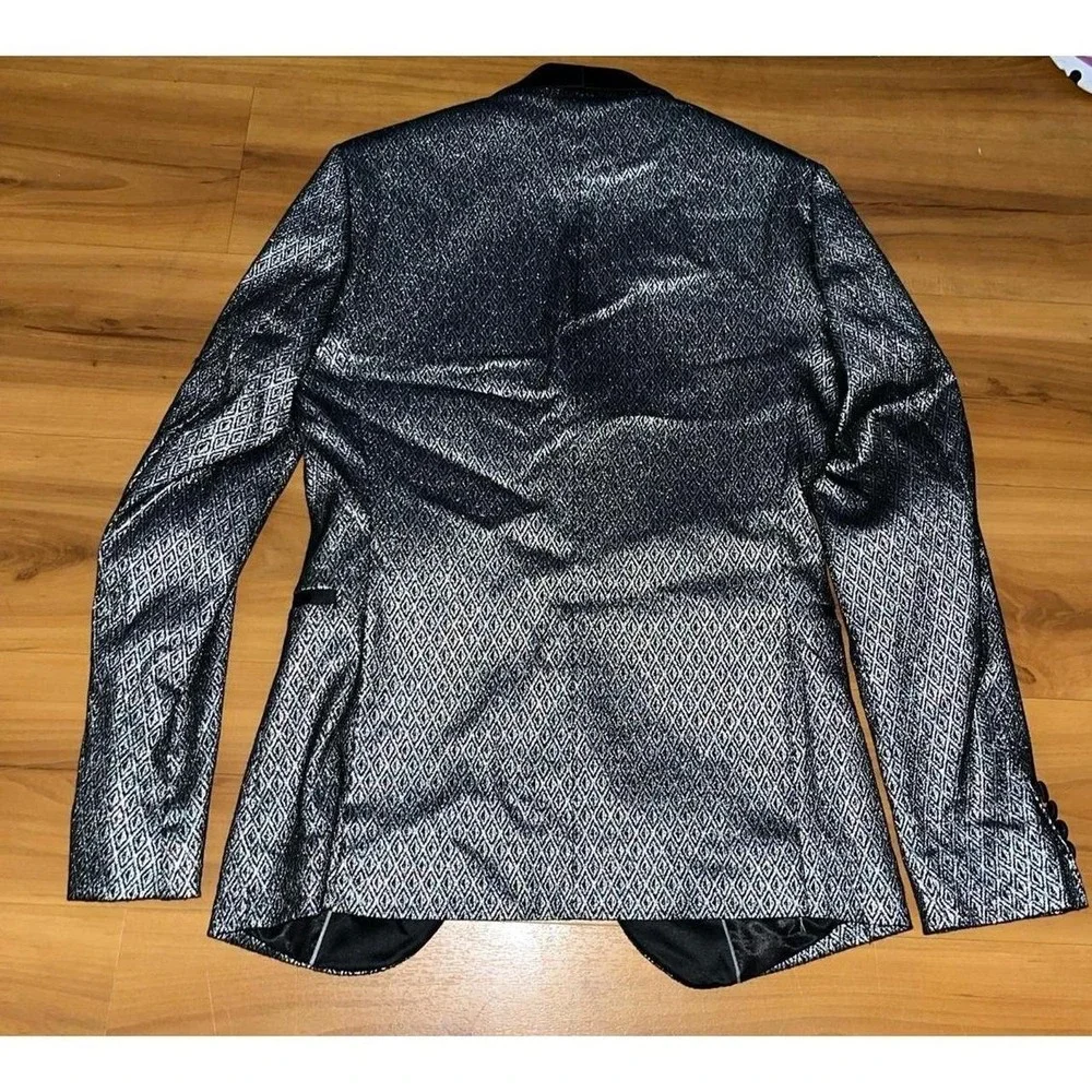 JF J.Ferrar Silver Metallic Diam Pattern Evening Dinner Slim-Fit Tuxedo Blazer